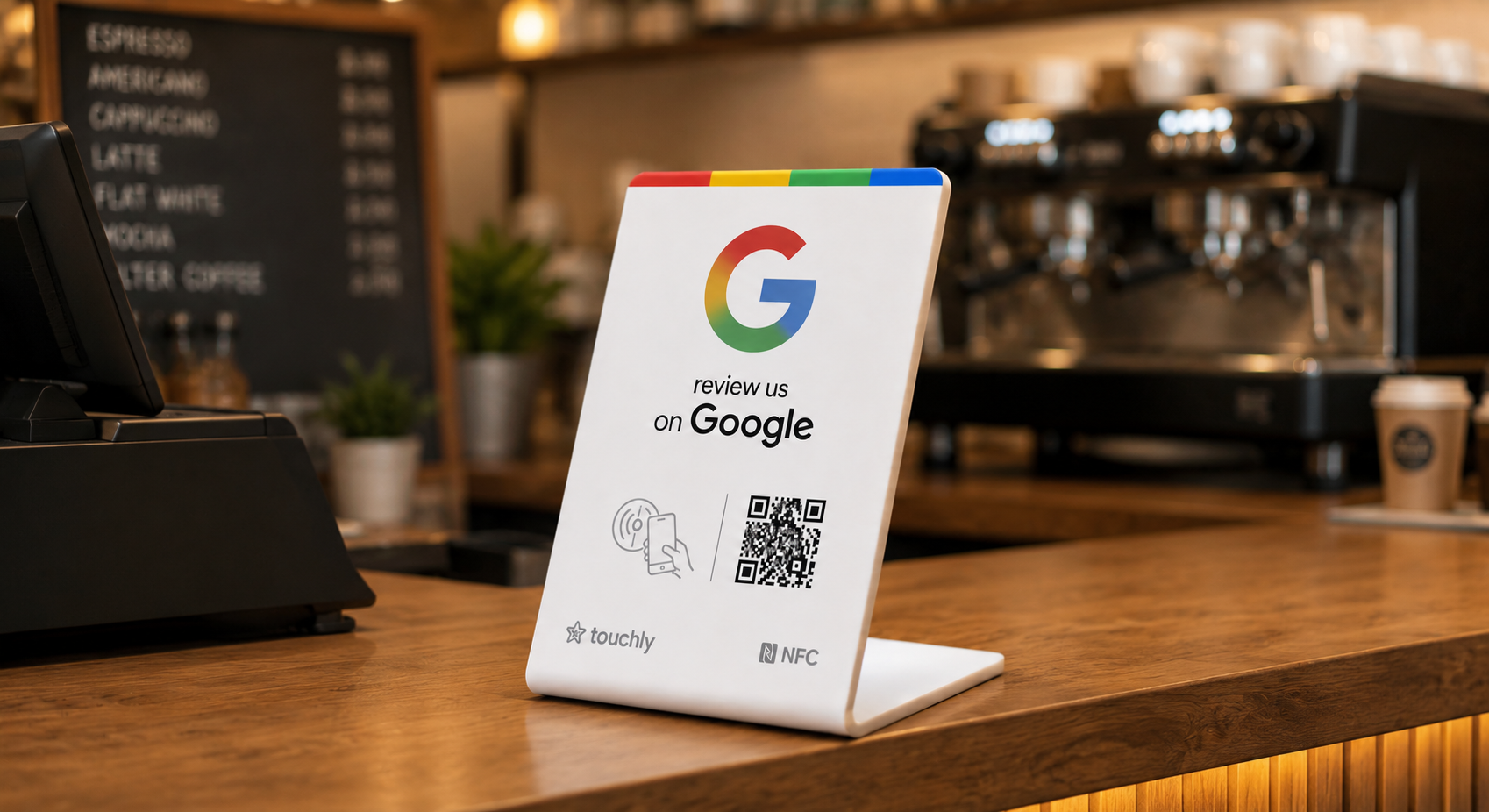 Placa Touchly NFC en el mostrador de una cafetería