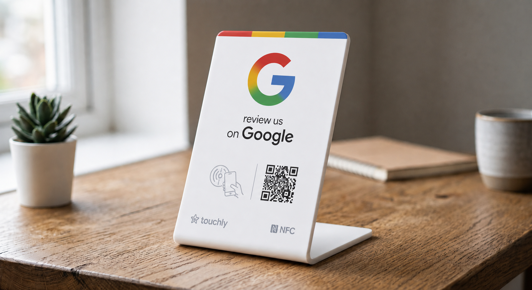 Placa Touchly personalizada sobre un escritorio de madera